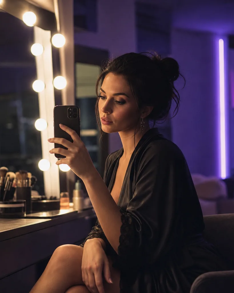 Adult creator in a black satin robe at a vanity mirror holding up her phone, violet light, face partly in shadow
