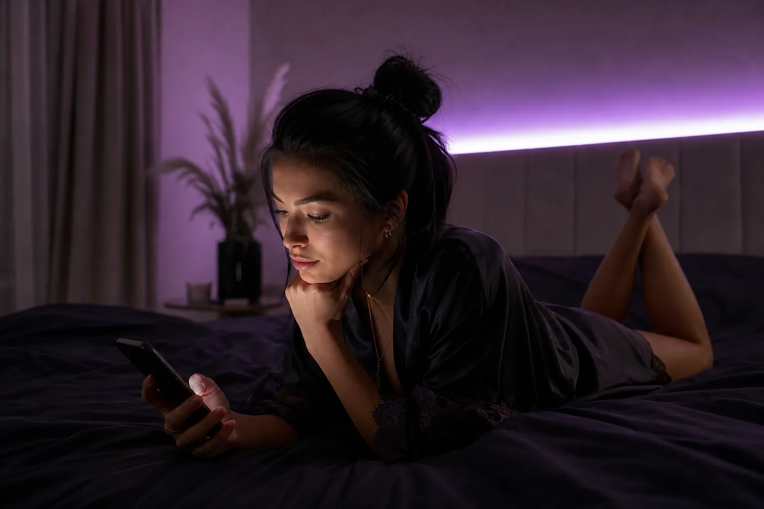 Adult creator in a satin robe lying on her bed at night reading click statistics on her phone, screen glow on her face