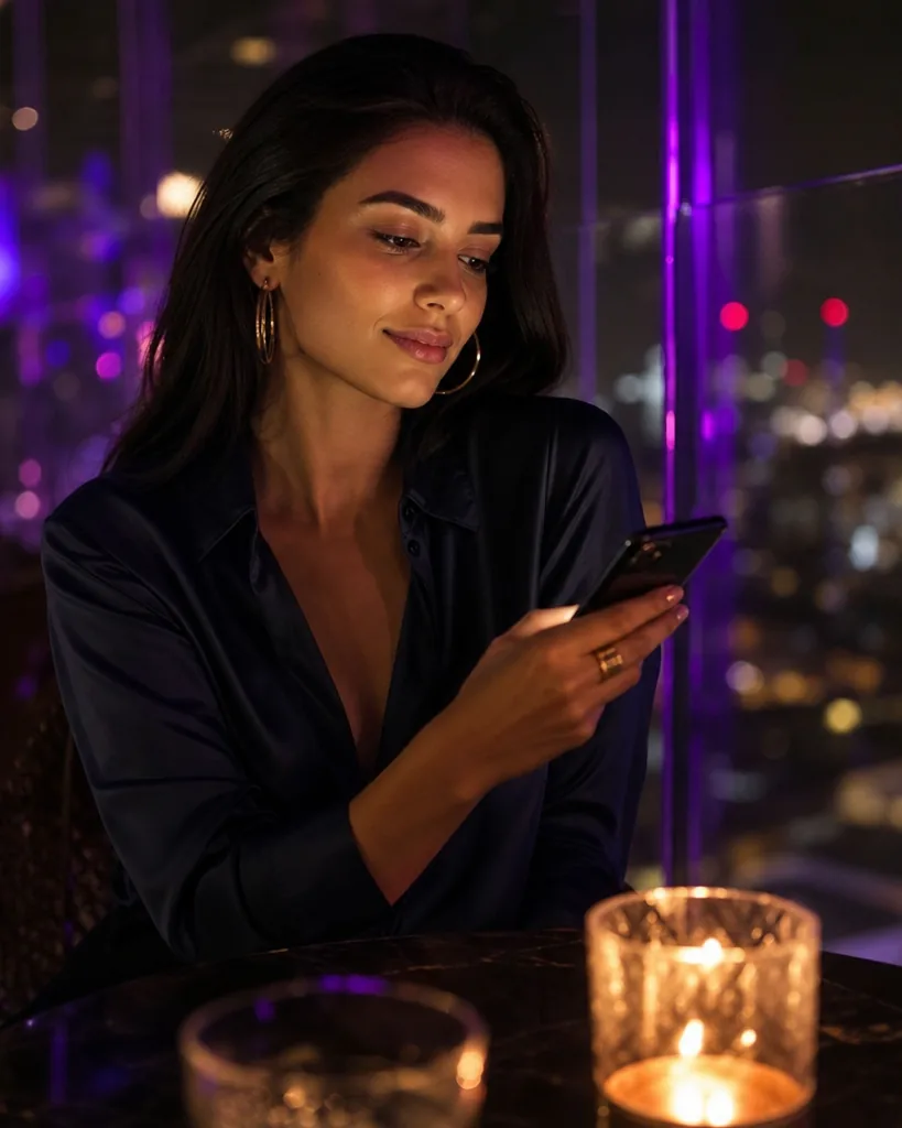 Adult creator in a champagne satin robe on a velvet sofa looking at her phone, warm lamp and purple light