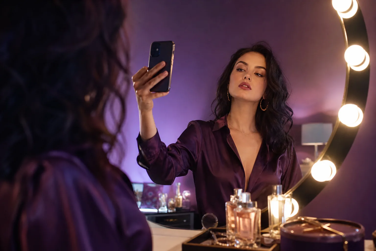 Adult creator in a plum silk robe doing her makeup at a vanity mirror with bulb lights in a deep purple room